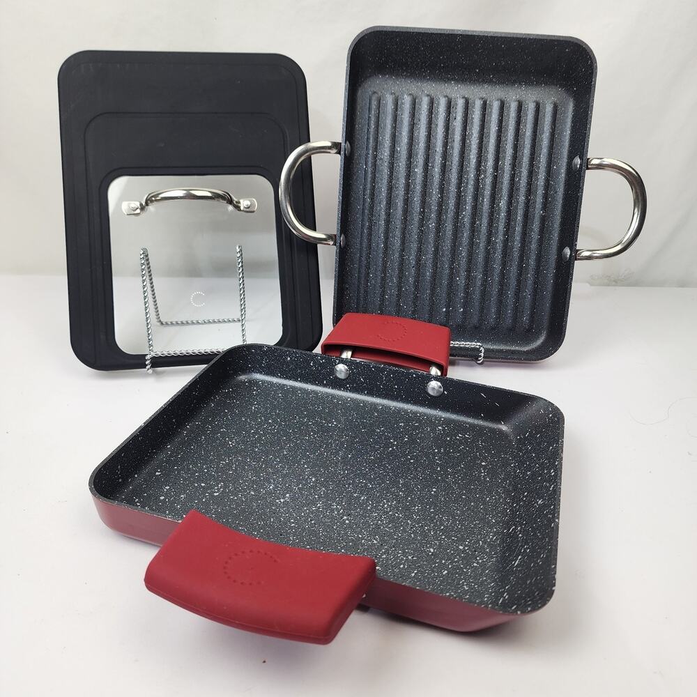 Curtis Stone Griddle Pans Smooth & Ridged (2) Silicon Handle Covers W/Lid 11 x 8